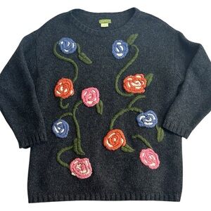 Vintage Esprit Gray Wool Floral Embroidered Crewneck‎ Ribbed Knit Sweater Size S